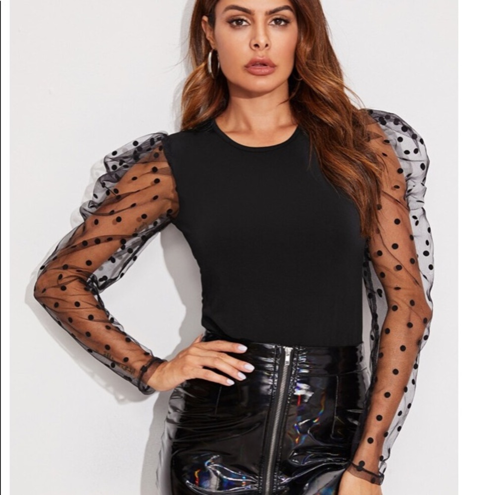 New SHEIN Dobby Mesh Dot Gigot Long Sleeve Tee